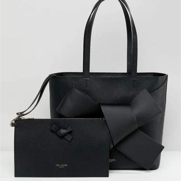 Ted Baker Womens Black Leather Allie Giant Knot Bow Purse Bag & Wallet Set NWT